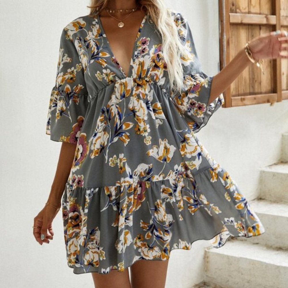 Floral print ruffle hem dress - Picture 4 of 8